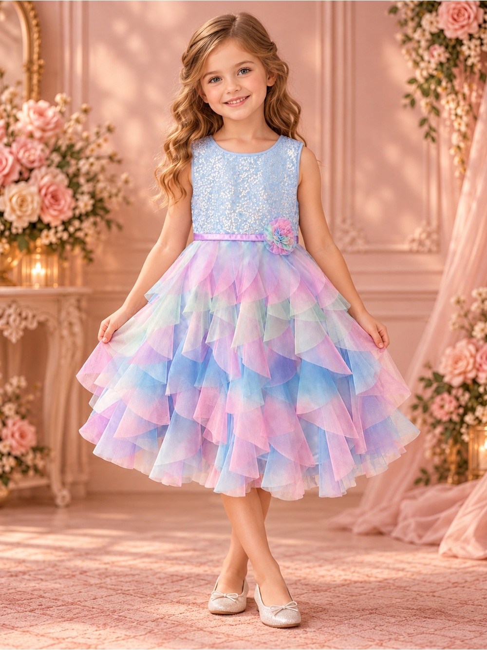 Jona Michelle Girls 5 Pastel Sequin Ruffle Dress